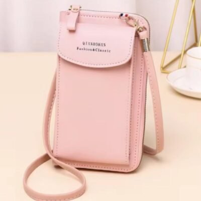 Portable Soft Leather Crossbody Bag for Women | Stylish Mobile Purse & Wallet | Pink