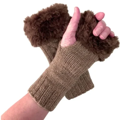 Women’s Faux Fur Fingerless Knitted Gloves | Warm Winter Hand Wrist Warmers | Soft, Stylish & Comfortable | Brown